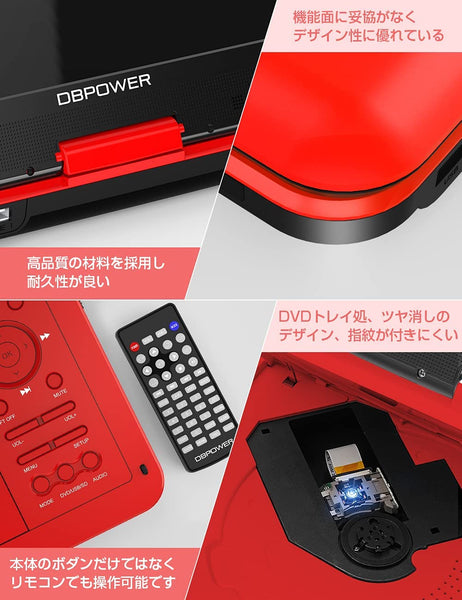 DBPOWER ポータブルDVDプレーヤー 12.5型 車載用ホルダー付き 10.5インチ液晶 5時間連続再生 リージョンフリー CPRM対応 レジューム機能 270度回転 TV同期可能 SDカード/USBに対応 車載携帯式 １年保証